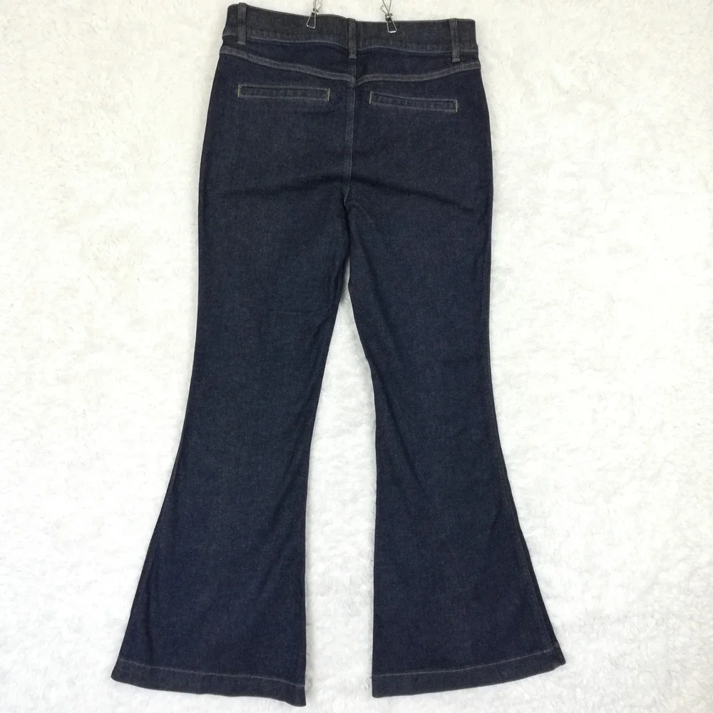Spanx Womens Jeans Flare Leg Blue Denim Dark Wash Pintuck Seam Pull On High L